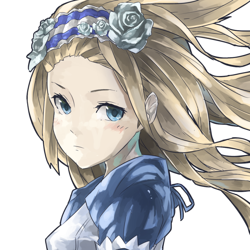 1girl, blonde_hair, blue_eyes, blush, bust, flower, hairband, long_hair