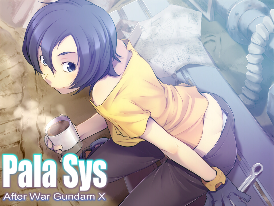 blue_eyes, blue_hair, coffee, cup, downpants, gloves, gundam, gundam_x, looking_back, mug, painpa, panty_slip, paula_cis, short_hair, sitting, solo, tool, tools, wrench