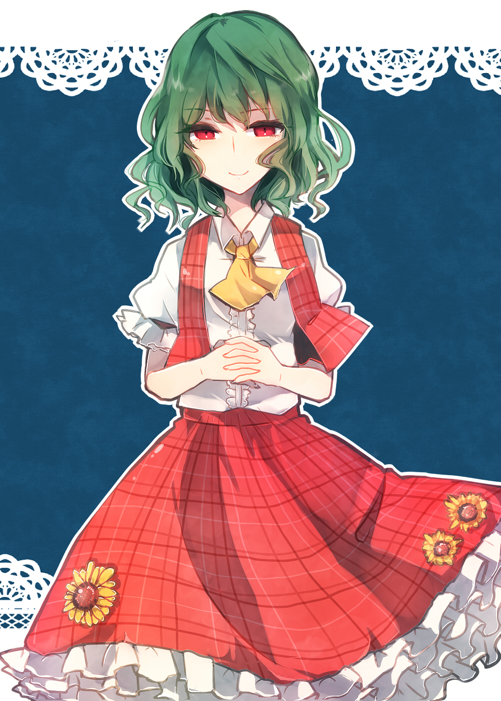 1girl, dress, flower, green_hair, highres, kazami_yuuka, petticoat, red_eyes, solo, sunflower, tagme, tare_nu_(usesase), touhou