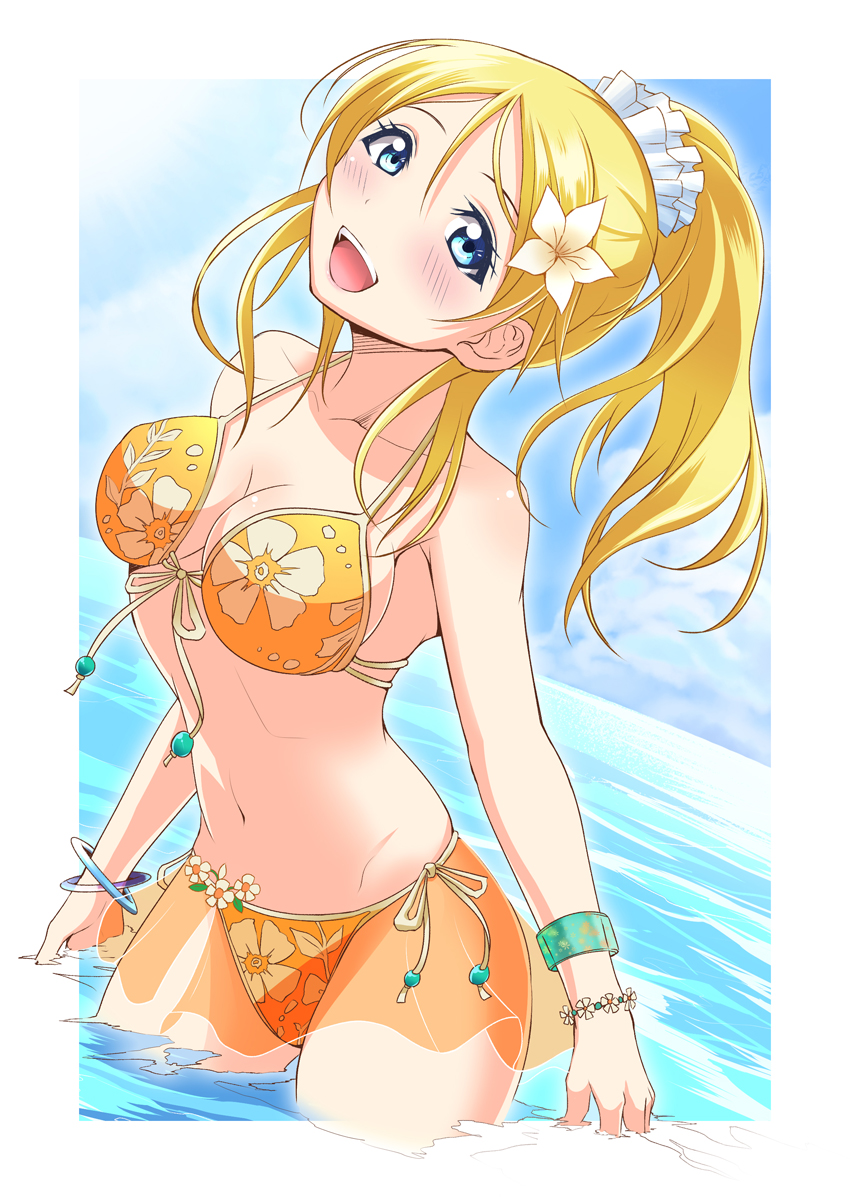 1girl, ayase_eli, bikini, blonde_hair, blue_eyes, blush, bracelet, breasts, cleavage, floral_print, flower, front-tie_top, hair_flower, hair_ornament, highres, jewelry, kurukuru_(p!), looking_at_viewer, love_live!_school_idol_project, navel, ocean, open_mouth, partially_submerged, ponytail, see-through, short_hair, side-tie_bikini, solo, swimsuit, water