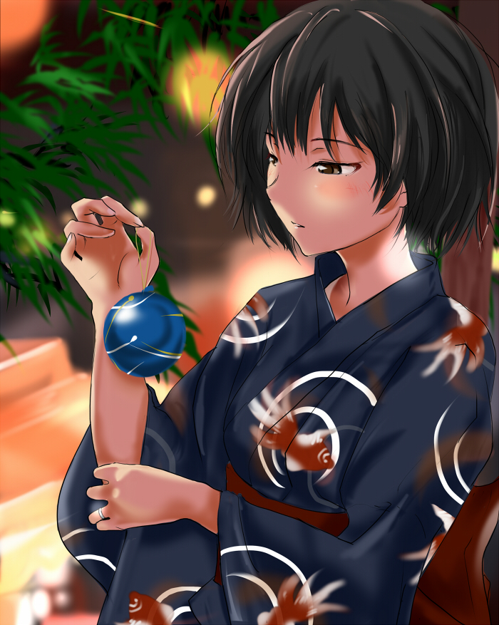 1girl, amagami, black_eyes, black_hair, goldfish_print, japanese_clothes, jewelry, kimono