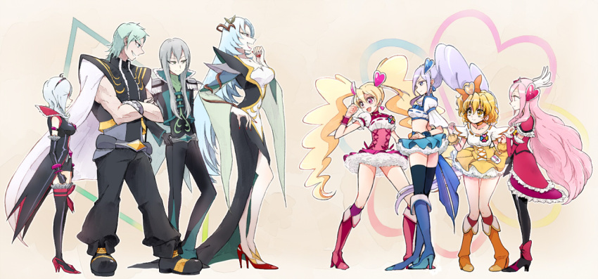 2boys, 6+girls, aono_miki, black_legwear, blonde_hair, blue_hair, boots, cape