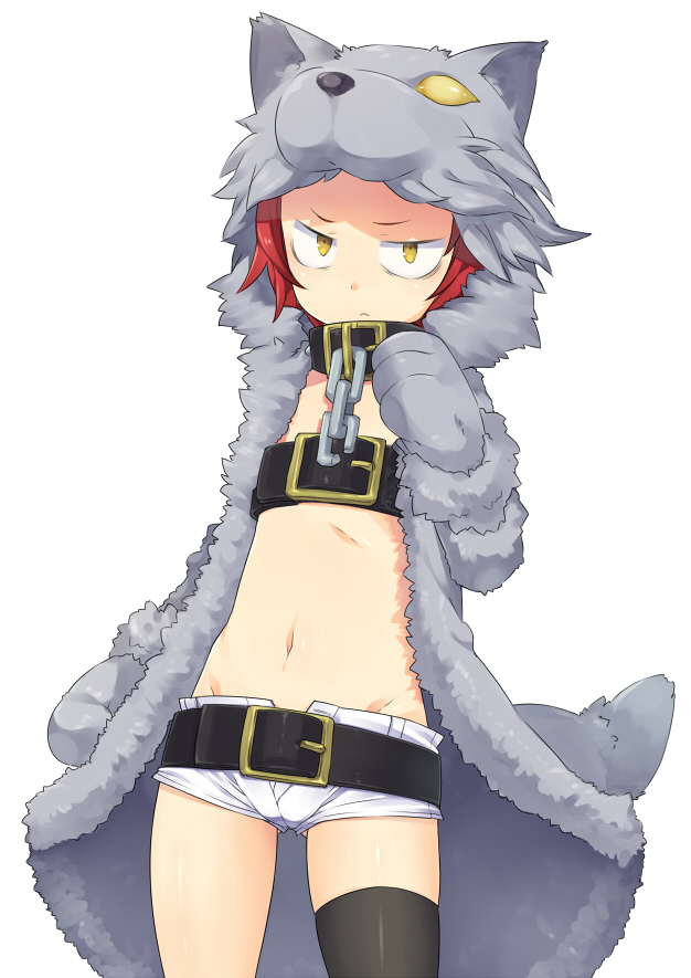 1girl, animal_pelt, belt, chain, collar, dungeons_&amp;_princess, flat_chest, navel