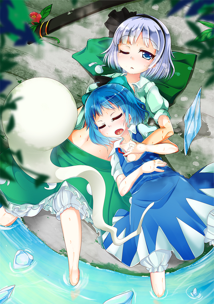 2girls, bloomers, blue_dress, blue_eyes, blue_hair, bow, cirno, closed_eyes, dress, dress_shirt, flower, from_above, hair_bow, hair_ribbon, hairband, hand_in_shirt, hitodama, ice, ice_wings, konpaku_youmu, konpaku_youmu_(ghost), lying, multiple_girls, navel, on_back, one_eye_closed, open_mouth, puffy_short_sleeves, puffy_sleeves, ribbon, scabbard, sheath, shirt, short_hair, short_sleeves, silver_hair, sleeping, soaking_feet, sweat, t.o.d, touhou, unbuttoned, underwear, vest_removed, water, wings