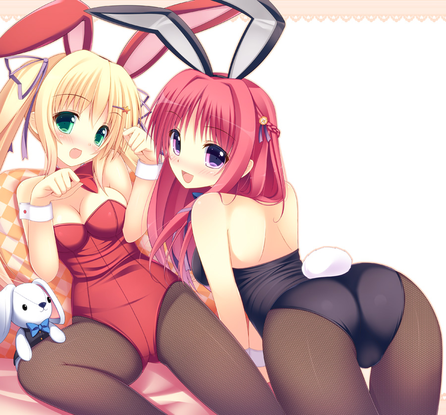 2girls, animal_ears, ass, black_legwear, blonde_hair, bunny_tail, bunnysuit, detached_collar