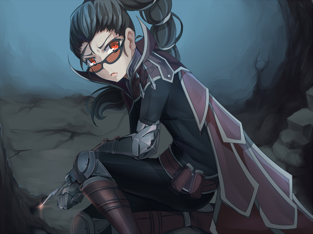1girl, armor, black_hair, bow_(weapon), cape, crossbow, crossbow_bolts, kneeling