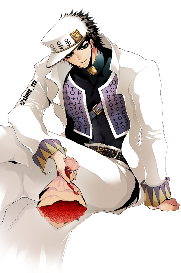 1boy, black_hair, bouquet, flower, green_eyes, hat, jojo_no_kimyou_na_bouken, kuujou_joutarou, long_coat, shamoji_(shimasshu), solo, vest