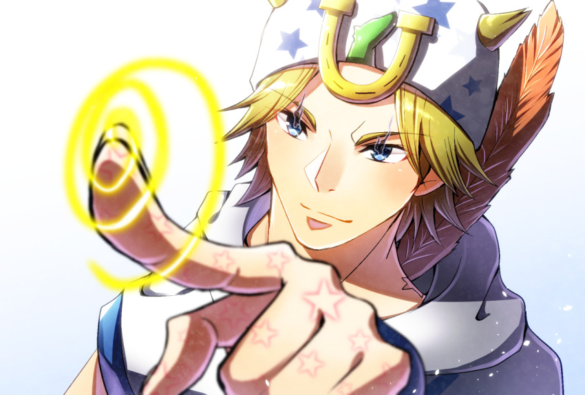 1boy, blonde_hair, blue_eyes, feathers, hat, horseshoe, johnny_joestar, jojo_no_kimyou_na_bouken, kageakira_(shino1007), pointing, solo, steel_ball_run