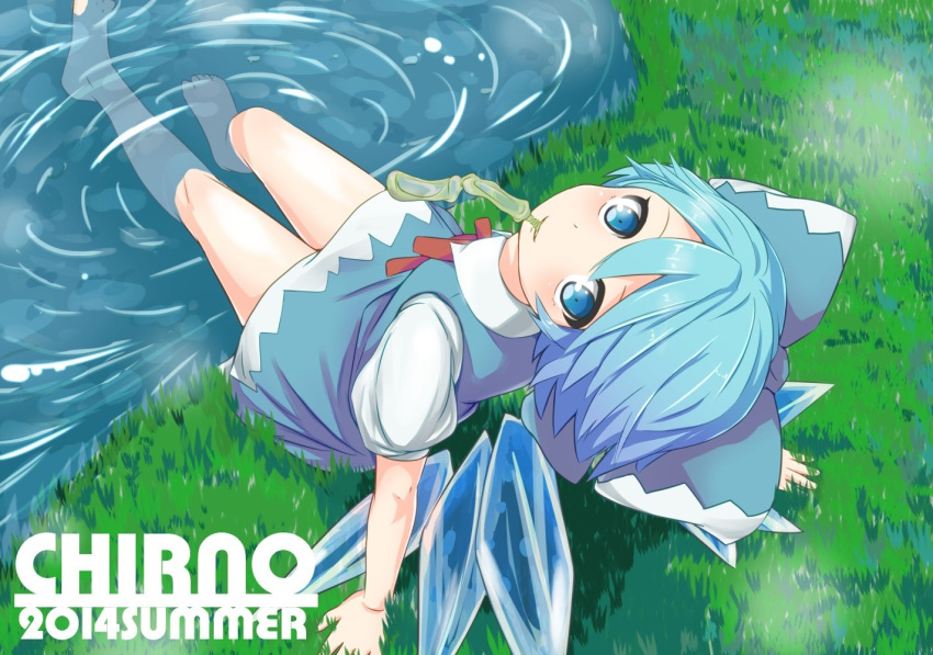 1girl, arm_support, barefoot, berukko, blue_dress, blue_eyes, blue_hair, bow