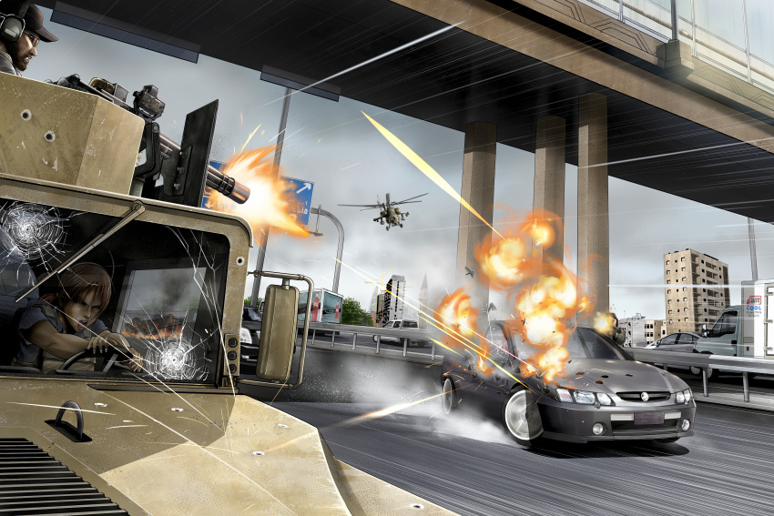 1girl, 2boys, absurdres, ah-64_apache, battle, bullet_hole, driving, eotech