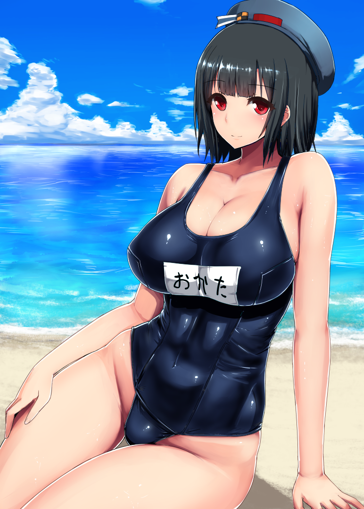 1girl, abs, arm_support, beach, black_hair, breasts, cleavage, covered_navel, hat, huge_breasts, ishimura_(ishimura-ya), kantai_collection, mound_of_venus, red_eyes, school_swimsuit, short_hair, sitting, smile, solo, swimsuit, takao_(kantai_collection), thigh_gap, thighs