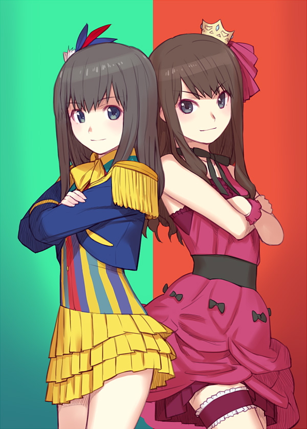2girls, bare_shoulders, brown_eyes, brown_hair, crossed_arms, dress, iwasaki_shiho, long_hair