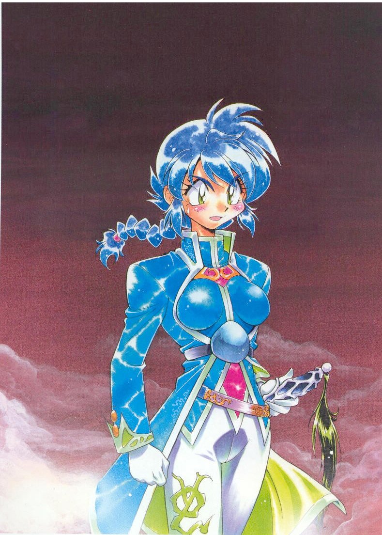 1girl, 90s, araizumi_rui, belt, blue, blue_dress, blue_hair, braid, dress, gloves, green_eyes, official_art, pants, sherra_(slayers), skin_tight, slayers, solo, sword, uniform, weapon