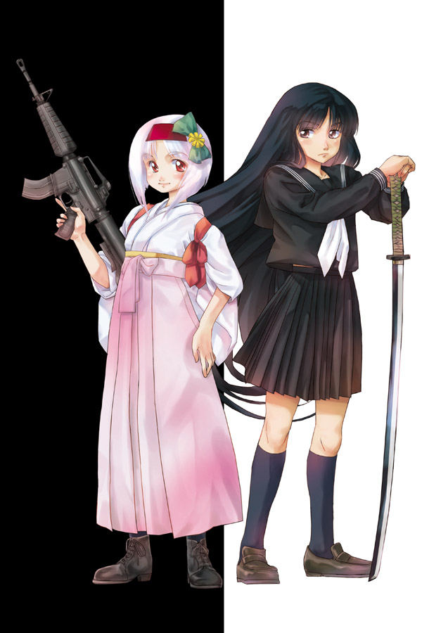 2girls, assault_rifle, black_hair, brown_eyes, gun, japanese_clothes, katana, looking_at_viewer