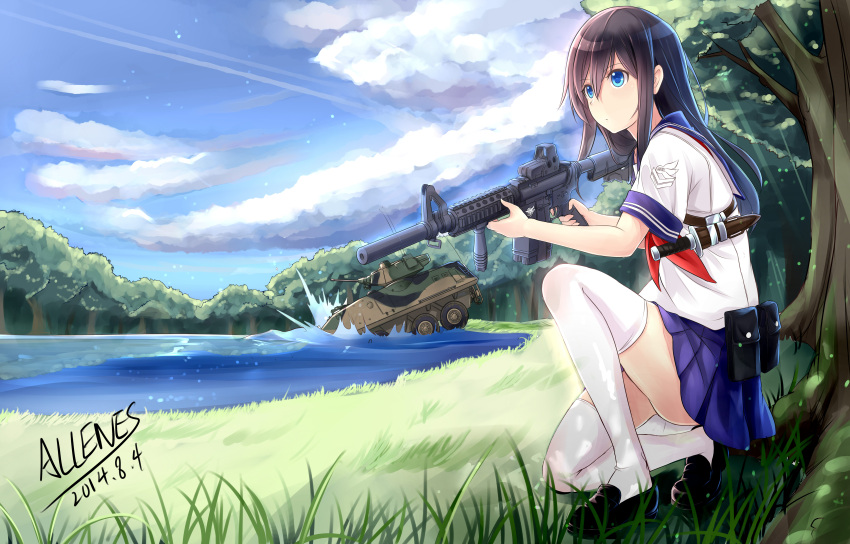1girl, absurdres, allenes, assault_rifle, blue_eyes, clouds, dated, forest