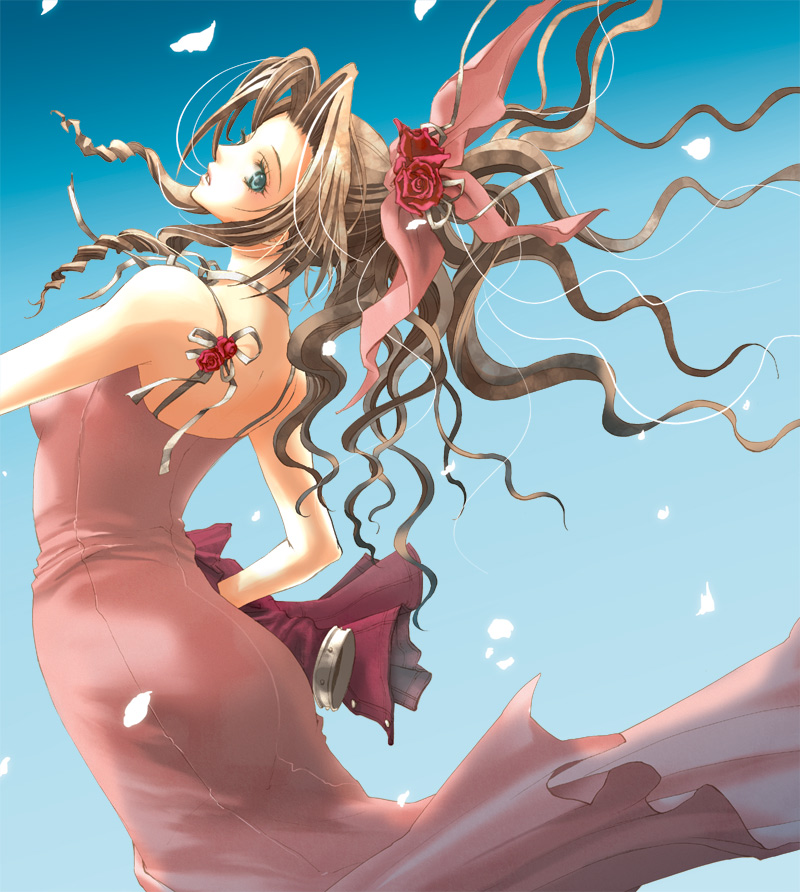 1girl, aerith_gainsborough, blue_background, blue_eyes, brown_hair, dress, final_fantasy, final_fantasy_vii, flower, hair_flower, hair_ornament, hair_ribbon, kiyose_nodoka, long_hair, looking_back, pink_dress, ponytail, red_rose, ribbon, rose, solo