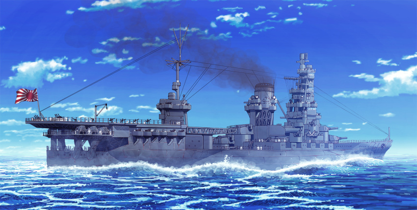 airplane, chimney, clouds, earasensha, hyuuga_(battleship), imperial_japanese_navy, no_humans, ocean, original, sky, waves