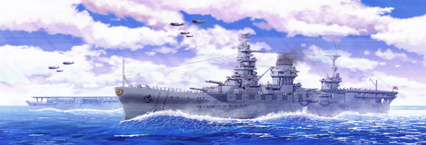 airplane, clouds, earasensha, highres, imperial_japanese_navy, ise_(battleship), no_humans, ocean