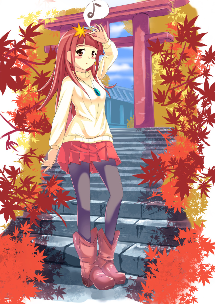 1girl, autumn_leaves, boots, ebisugawa_kaisei, highres, long_hair, pantyhose, red_eyes