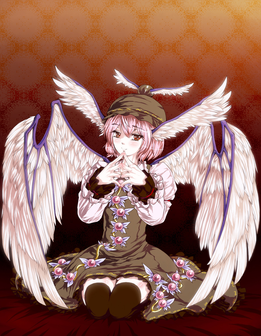 black_legwear, bowed_wings, hat, head_wings, highres, homeless_mk_ii, large_wings, mystia_lorelei