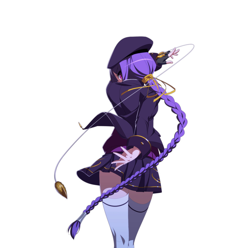 1girl, alternate_costume, beret, braid, eltnum, etherlite, fingerless_gloves, from_behind, gloves, hair_ribbon, hat, highres, jacket, long_hair, looking_back, melty_blood, official_art, purple_hair, ribbon, single_braid, single_glove, sion_eltnam_atlasia, skirt, solo, string, sweater, thigh-highs, transparent_background, tsukihime, under_night_in-birth, violet_eyes, weapon, white_legwear