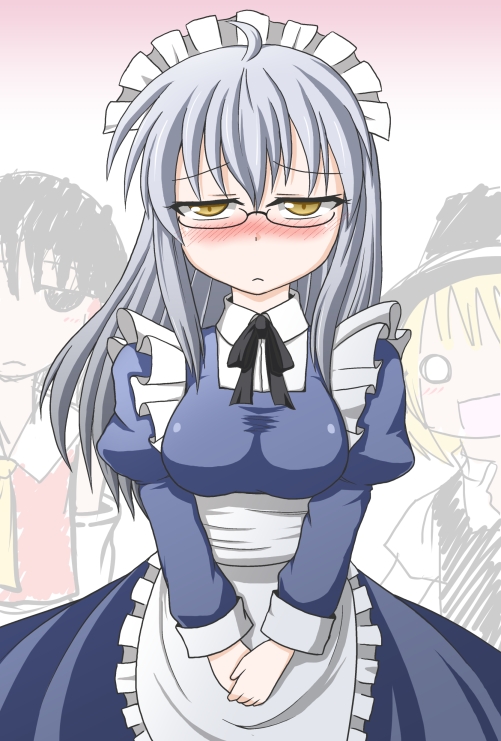 1girl, 2boys, ahoge, alternate_costume, blush, breasts, cosplay, dress, enmaided, genderswap, glasses, hakurei_reimu, hat, kirisame_marisa, long_hair, maid, maid_headdress, morichika_rinnosuke, multiple_boys, short_hair, touhou, tsukimi_(ryouiki_ridatsu), yellow_eyes