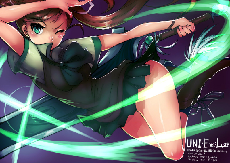 1girl, afterimage, ankle_wings, boots, breasts, brown_hair, green_eyes, hair_ribbon