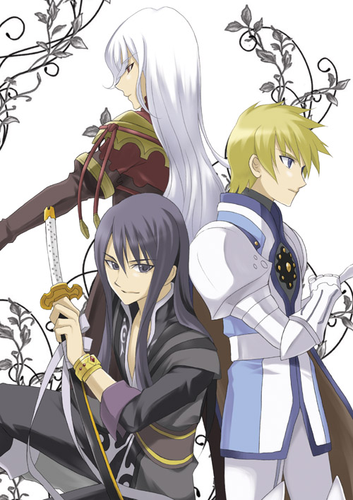 armor, black_eyes, black_hair, blonde_hair, blue_eyes, bracelet, duke_pantarei, flynn_scifo