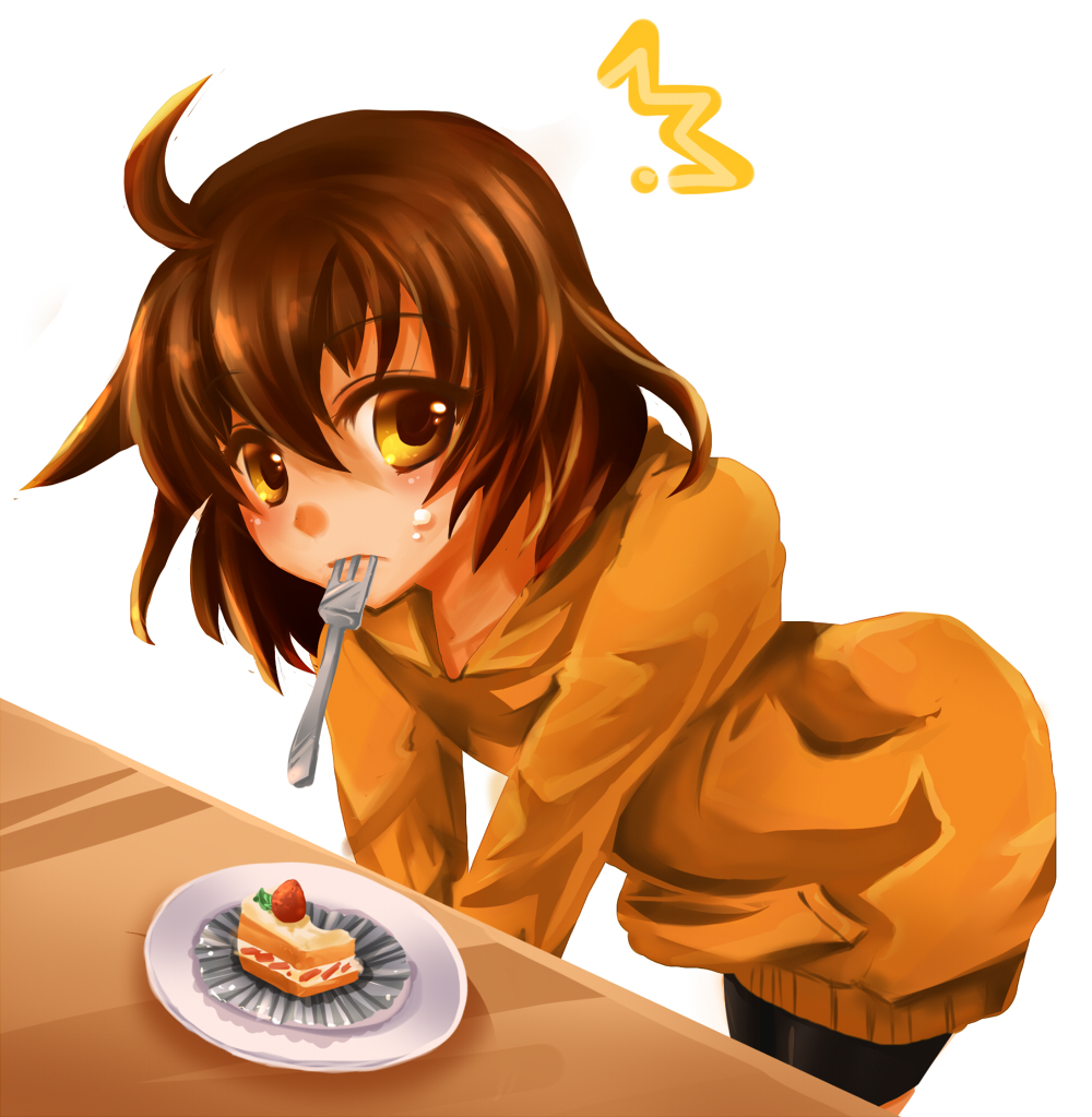 /\/\/\, 1girl, ahoge, bike_shorts, brown_eyes, brown_hair, cake, caught, cream_on_face, food, fork, fork_in_mouth, hood_down, hoodie, linne, minatsu_(popsta), short_hair, solo, under_night_in-birth