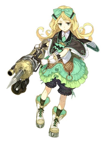 1girl, atelier_(series), atelier_shallie, blonde_hair, bloomers, bow, capelet, expressionless, flipped_hair, frills, gloves, green_eyes, green_skirt, hair_bow, hidari_(left_side), long_hair, miruca_crotze, official_art, pile_bunker, shoes, skirt, socks, solo, underwear, white_background