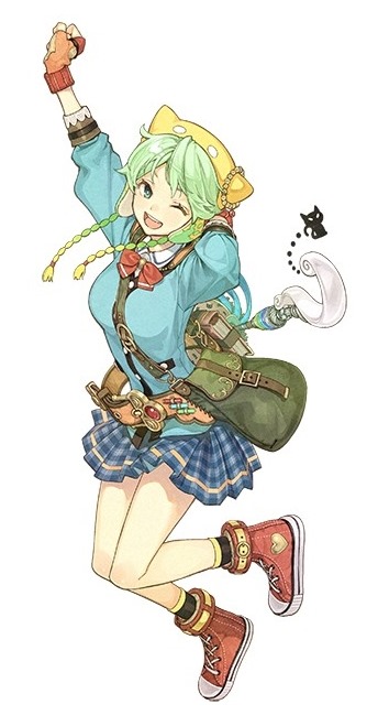 1girl, arm_up, atelier_(series), atelier_shallie, bag, blue_skirt, bowtie, clenched_hand