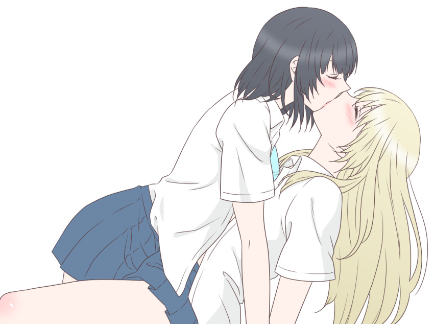 2girls, alternate_costume, atago_(kantai_collection), black_hair, blonde_hair, blush, closed_eyes, contemporary