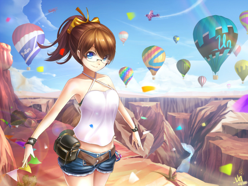 1girl, airplane, bare_shoulders, belt, blue_eyes, bow, bracelet, brown_hair