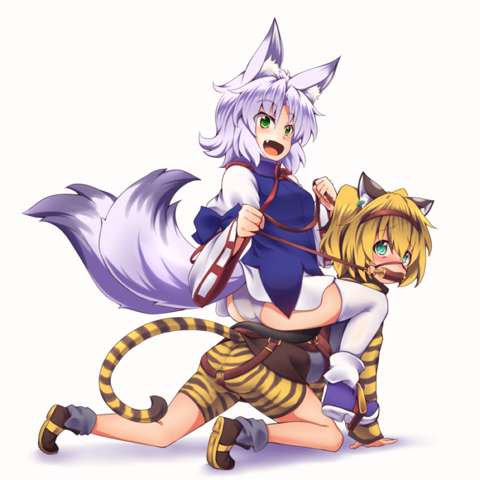 2girls, animal_ears, blonde_hair, blue_eyes, fox_ears, fox_tail, fukunomiya_koko, green_eyes, kuromiya, multiple_girls, multiple_tails, original, riding, short_hair, silver_hair, tail, tiger_ears, tiger_print, tiger_tail, torafuji_nagi