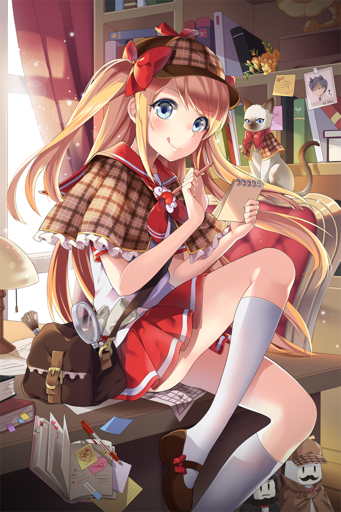 1girl, bag, blonde_hair, blue_eyes, bookshelf, bow, brush, cabbie_hat