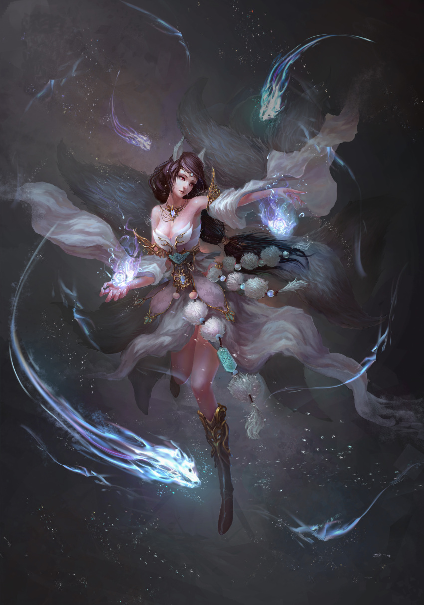 1girl, absurdres, animal_ears, bare_shoulders, black_hair, breasts, dress, fox_ears