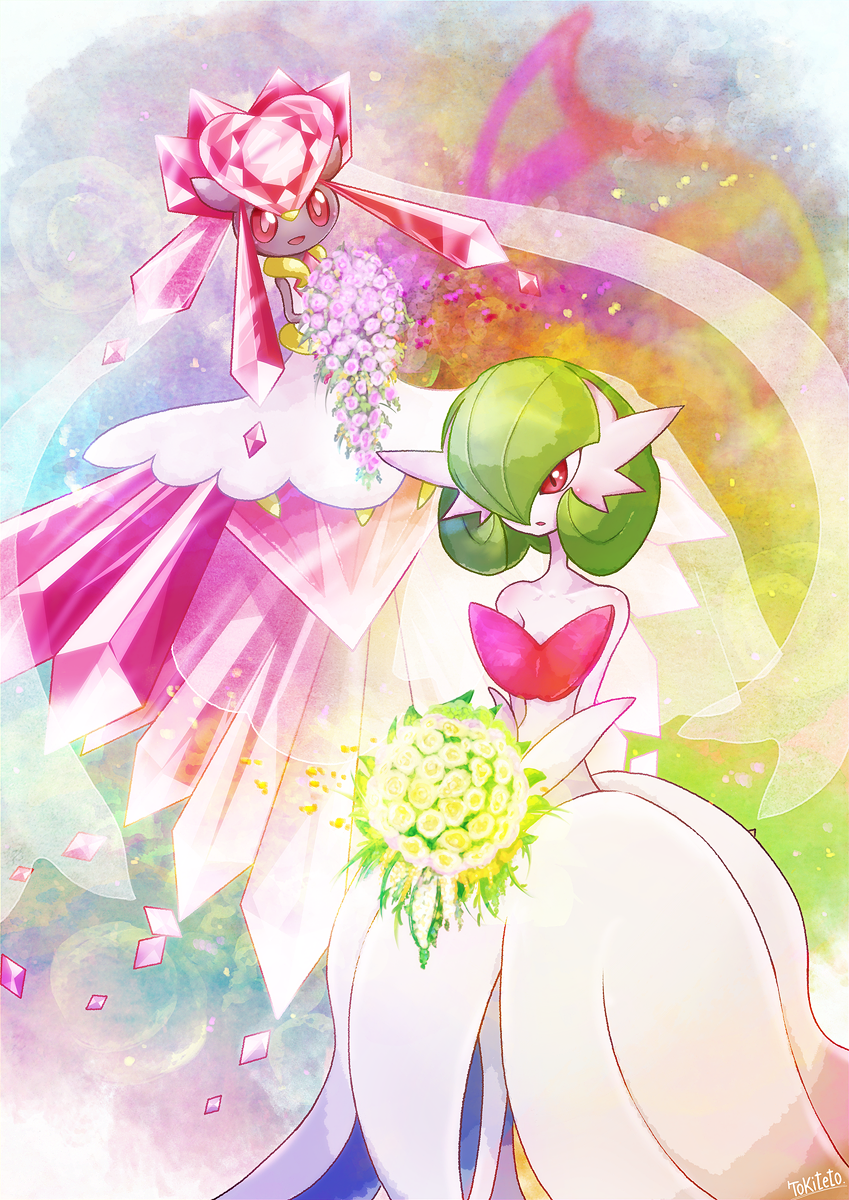 bouquet, crystal, diancie, dress, flower, gardevoir, highres, mega_diancie, mega_gardevoir, mega_pokemon, pokemon, pokemon_(creature), pokemon_(game), pokemon_xy, tokiteto