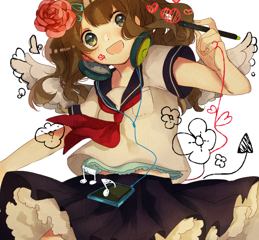 1girl, beamed_quavers, brown_hair, digital_media_player, flower, green_eyes, hair_flower, hair_ornament