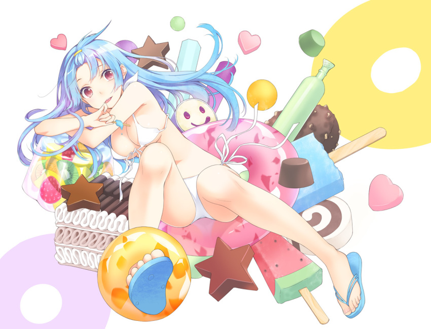 1girl, bikini, blue_hair, chocolate, feet, flip-flops, ginta, heart, ice_cream_cake, innertube, long_hair, original, popsicle, red_eyes, sandals, smile, solo, star, swimsuit, toes, white_bikini, white_swimsuit