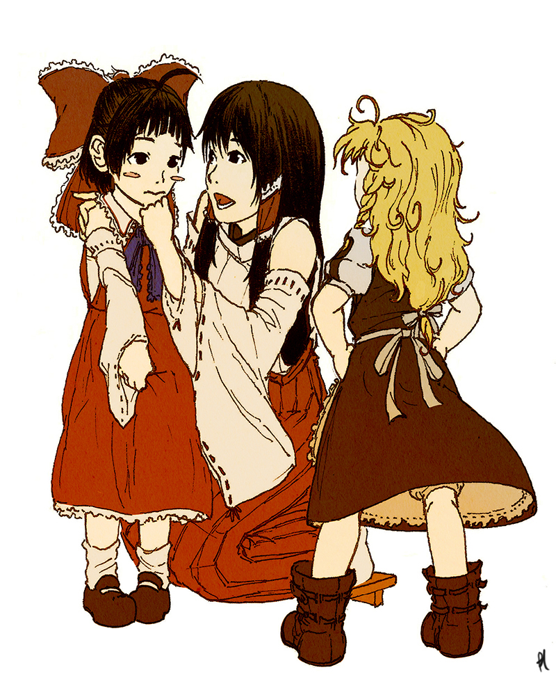 3girls, ahoge, ankle_boots, apron, black_hair, blonde_hair, blush_stickers, boots