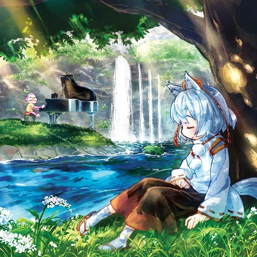 1girl, album_cover, animal_ears, closed_eyes, cover, dappled_sunlight, forest, grass