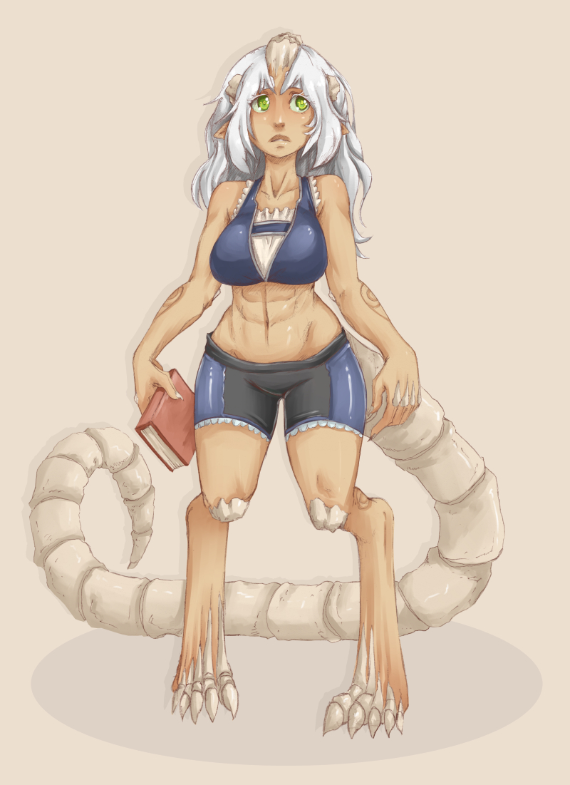 1girl, abs, barefoot, bike_shorts, book, breasts, claws, dark_skin