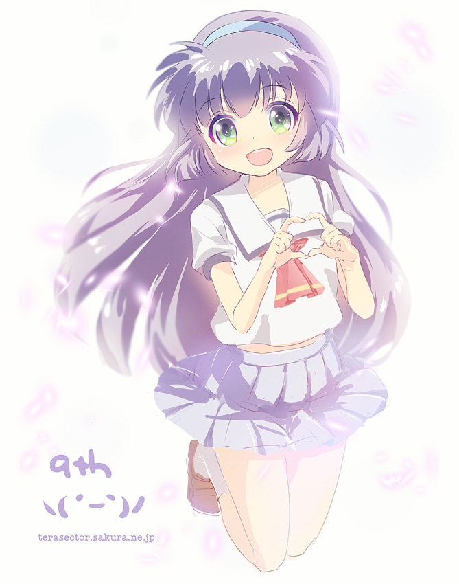 1girl, :d, amano_misao_(pretty_sammy), blurry, depth_of_field, green_eyes, hair_ornament, hairband, heart, heart_hands, jumping, long_hair, mahou_shoujo_pretty_sammy, omuni, open_mouth, petals, pleated_skirt, purple_hair, school_uniform, serafuku, skirt, smile, solo, tagme, watermark, web_address, wind