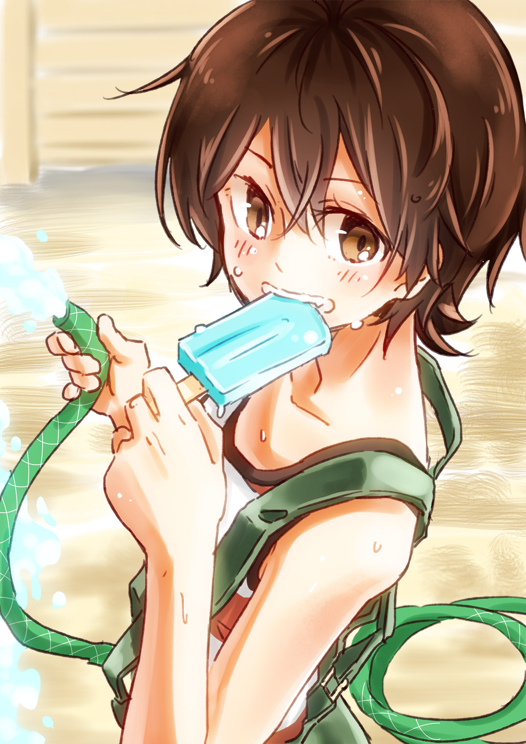 1girl, barakamon, brown_eyes, brown_hair, eating, highres, overalls, popsicle