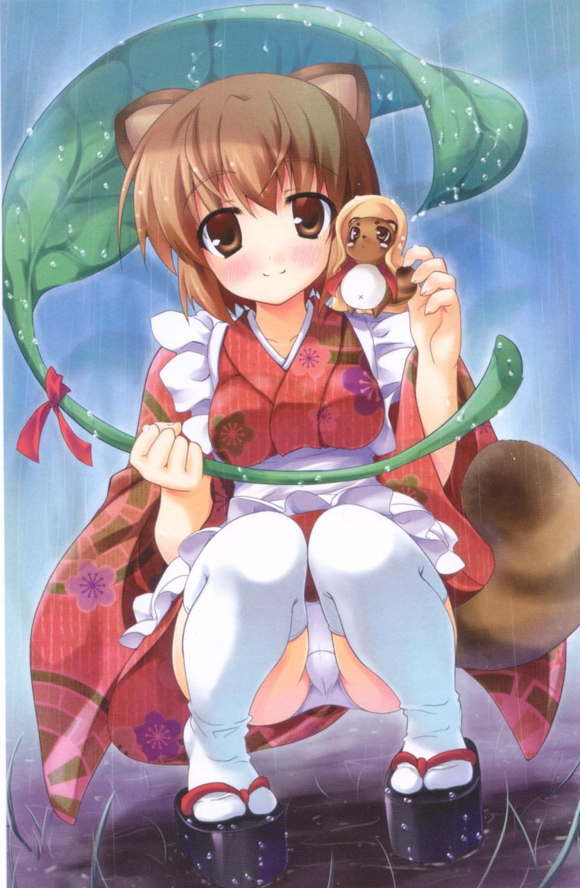 1girl, animal_ears, artist_request, brown_eyes, brown_hair, character_request, floral_print, frills