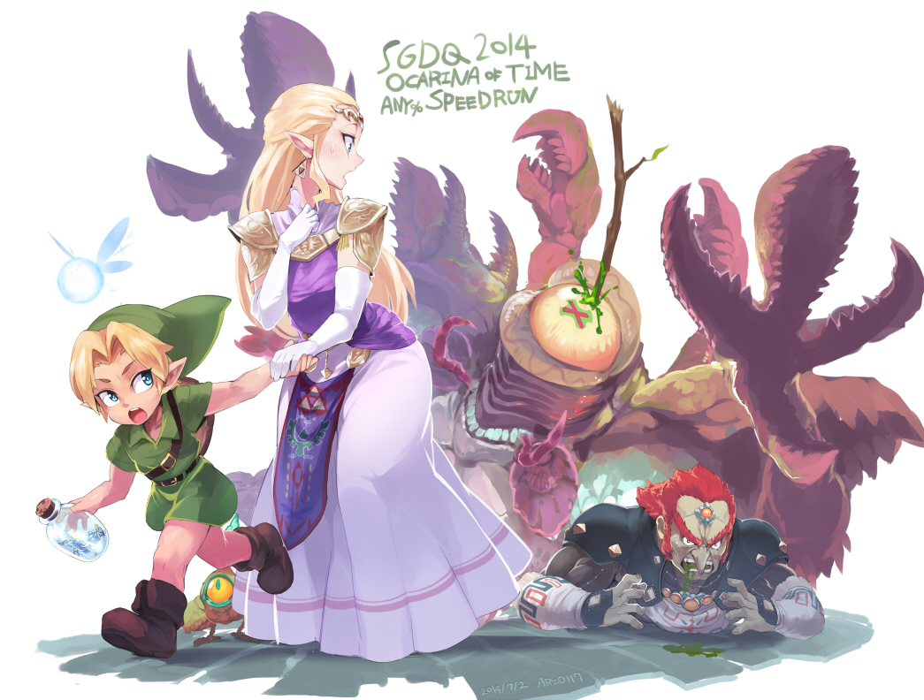 1girl, 2boys, ario, blonde_hair, blood, blue_eyes, boots, bottle