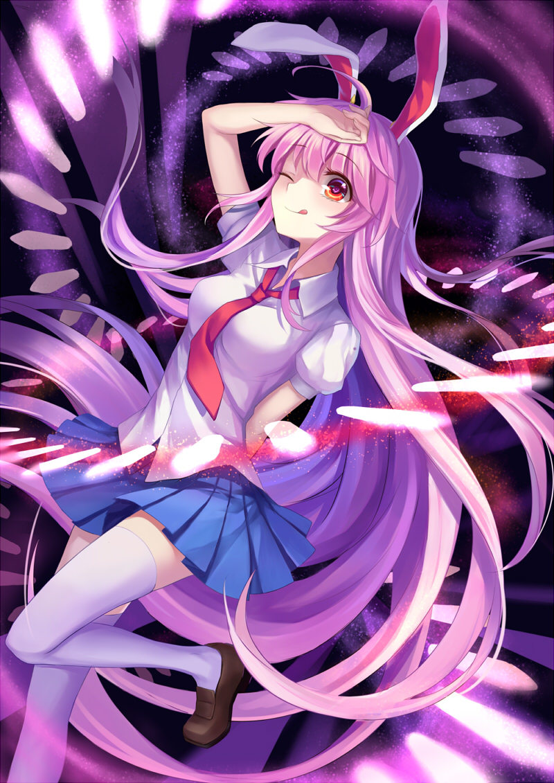 1girl, absurdly_long_hair, animal_ears, arm_up, danmaku, licking_lips, long_hair, mirror_(xilu4)
