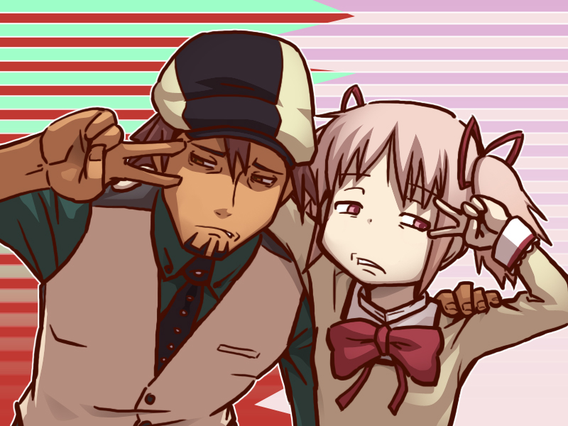 1boy, 1girl, arm_around_neck, bow, brown_eyes, brown_hair, crossover, excalibur_face