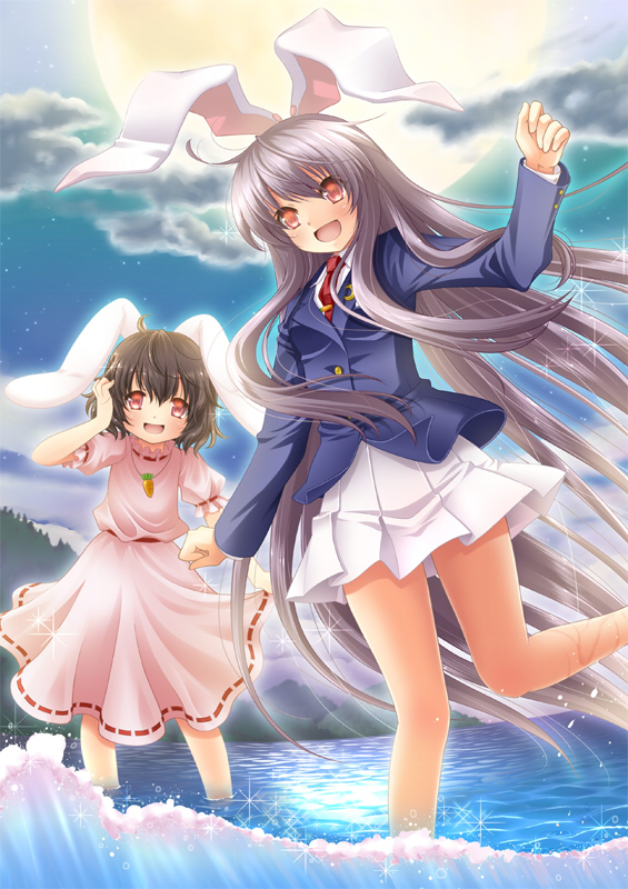 2girls, animal_ears, arm_up, bare_legs, blazer, blush, brown_hair, carrot