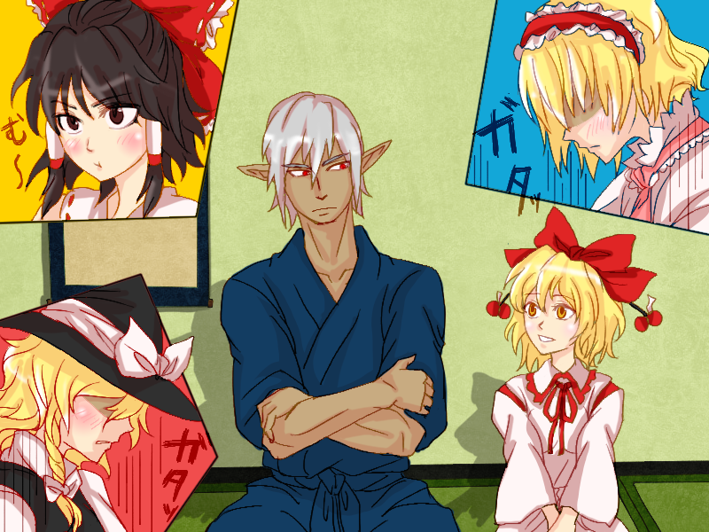1boy, 4girls, alice_margatroid, blonde_hair, blush, bow, brown_eyes, buront